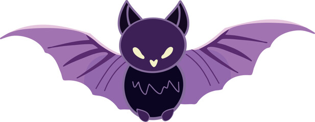 Playful dark bat illustration with wide purple wings, glowing eyes, and cute spooky style. Perfect for Halloween designs, stickers, and digital projects.