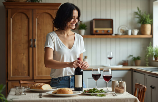 Beautiful woman with dark hair opens bottle of red wine in cozy kitchen setting. Table prepared with bread salad and glasses for dinner. Woman smiles, preparing meal for guests at home.
