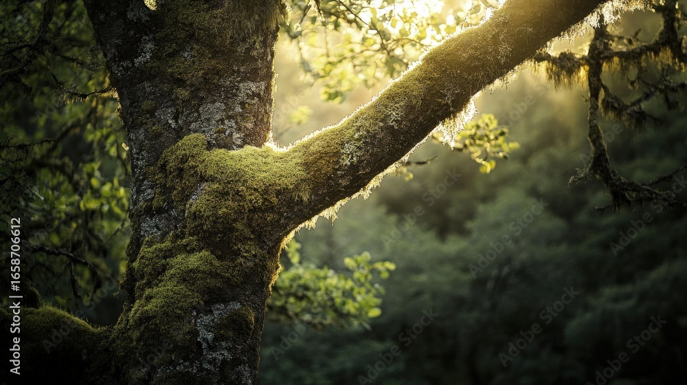 Poster sunlight filters through a mossy tree branch.