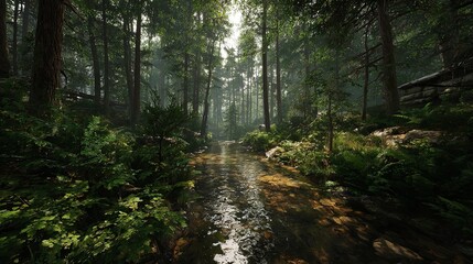 Obraz premium Serene woodland path reflecting sunlight inviting quiet exploration in a peaceful forest scene with