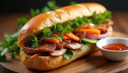 Vietnamese banh mi sandwich features crispy filled with grilled pork, pickled carrots, daikon, cucumber, and fresh cilantro. A side of chili sauce complements this flavorful street food.