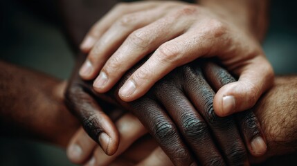 Fototapeta premium Multiple hands of different skin tones stacked together symbolize solidarity and inclusion