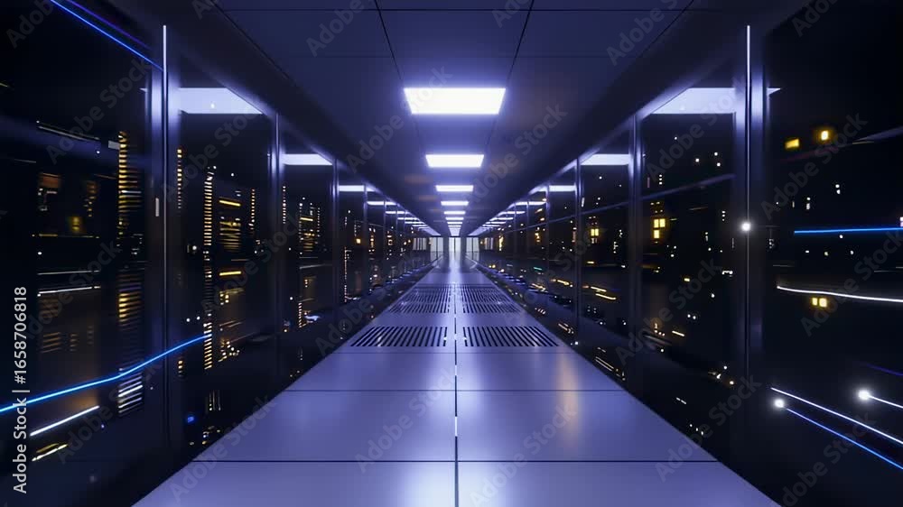 Poster futuristic server room corridor with glowing data streams