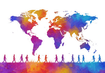 Diverse global community walking together under a colorful world map