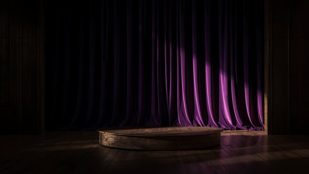 Purple Stage With Wood Podium And Velvet Curtain Soft Light Dark Scene
