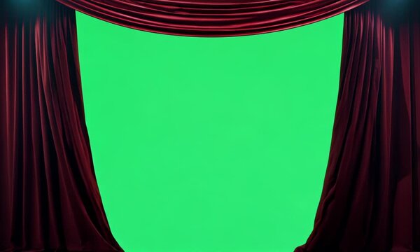 A luxurious red velvet curtain slowly opens on a stage. It reveals a vibrant green screen, perfect for various productions.