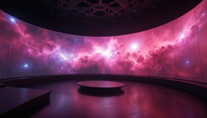 Immersive curved LED screen displays vibrant pink, purple nebula patterns in dark room. Futuristic technology creates captivating visual experience, perfect for modern architecture, abstract art