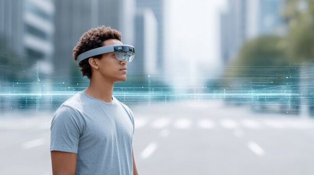 Young african american man wearing augmented reality glasses, standing on urban street, exploring digital interface in a futuristic city environment