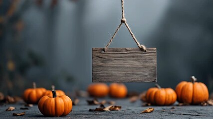 Halloween Autumn Vibes Wooden Signboard Above Pumpkins in Misty Setting