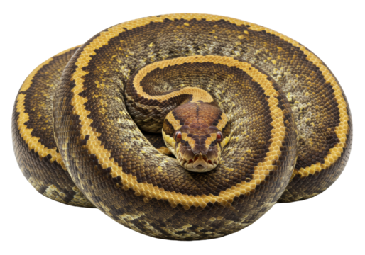 Large reticulated python, meticulously coiled, bright orange eyes with intense gaze, intricate brown, yellow, and black scales detailed on a transparent studio background with soft bokeh, concept of