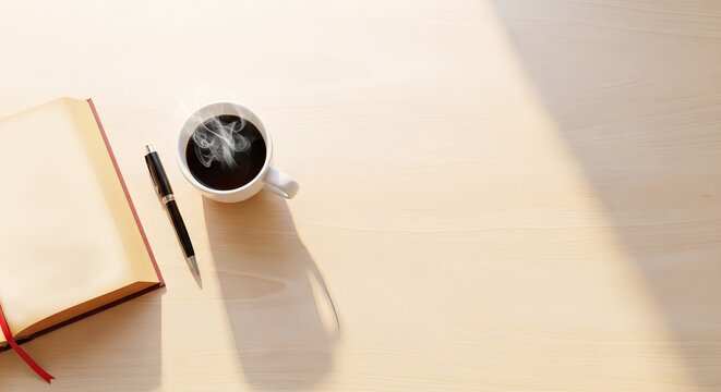 Open book with pen and steaming coffee cup on a bright surface