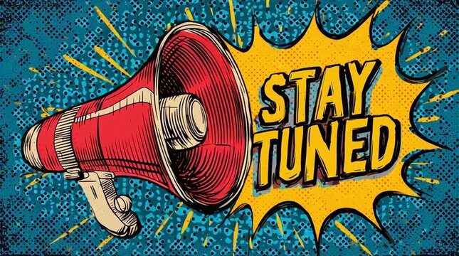 Pop art pattern featuring red megaphone, repeating stay tuned text against textured blue backdrop