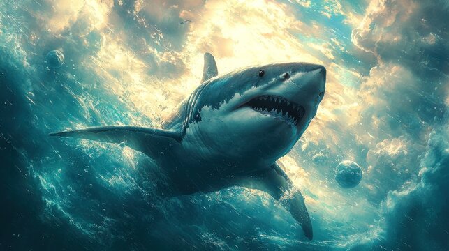 Majestic Great White Shark in a Celestial Ocean