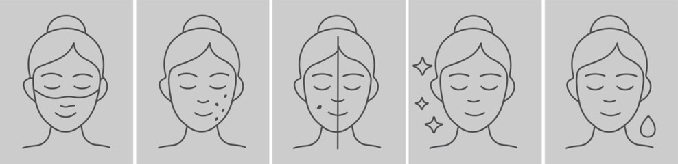 Skincare Concerns and Treatments Line Art Icon Set, Collection of Facial Problem and Solution Outlines, Includes Acne, Eye Patches, and Glowing Skin Symbols, Modern Vector Graphics for Dermatology.