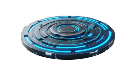 Sleek minimalist circular digital interface, glowing electric blue segments, data flow, micro-text, on transparent background with copy space, concept of futuristic technology and clarity