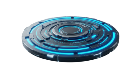 Sleek minimalist circular digital interface, glowing electric blue segments, data flow, micro-text, on transparent background with copy space, concept of futuristic technology and clarity