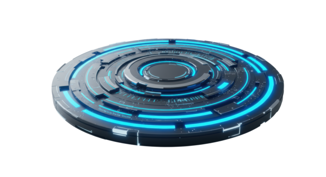 Sleek minimalist circular digital interface, glowing electric blue segments, data flow, micro-text, on transparent background with copy space, concept of futuristic technology and clarity - Powered by Adobe