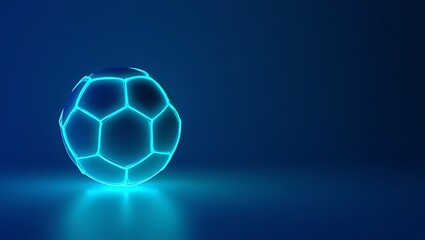 Futuristic Neon Soccer Ball Glowing with Electric Blue Light on a Dark Blue Background with Reflections