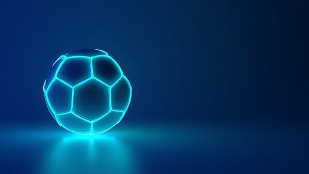Futuristic Neon Soccer Ball Glowing with Electric Blue Light on a Dark Blue Background with Reflections - Powered by Adobe