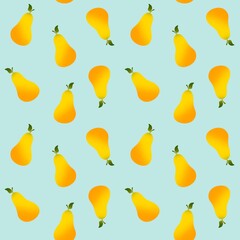 Yellow pears on the blue background, seamless pattern