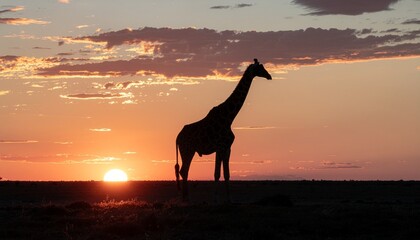 Majestic silhouette of a lone giraffe standing against a vibrant African sunset on the savanna plains.