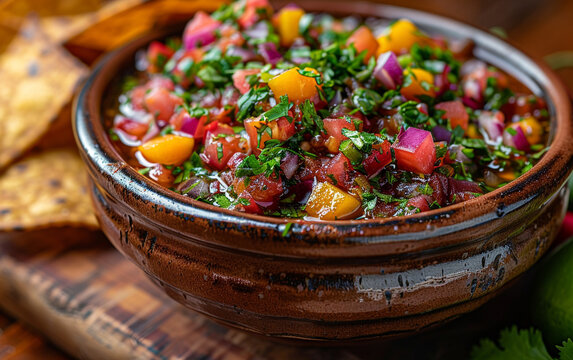 Multicolor chunky salsa fills a brown ceramic bowl. Product photography, branding, social media.