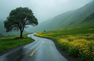 Fototapeta premium Winding wet asphalt road through green fields and misty mountains. A solitary tree stands beside the curving path. Yellow wildflowers bloom along the roadside in this dramatic stormy landscape.
