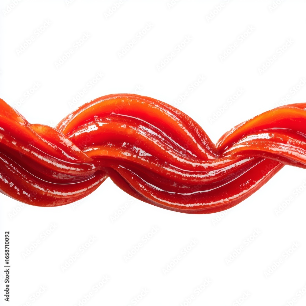Poster a close-up image of swirls of bright red tomato ketchup in a unique twisted pattern. the glossy ketc