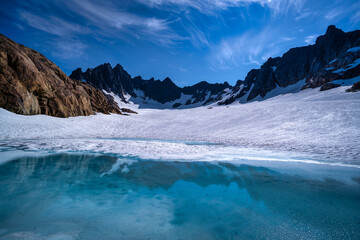 Frozen lake in snowy mountains
