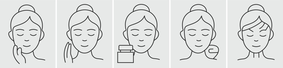 Minimalist Facial Skincare Routine Line Art Icon Set, Collection of Woman Applying Cosmetic Products Outlines, Beauty Treatment Steps, Modern Vector Graphics for Self-Care and Wellness.