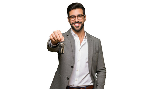 Smiling man in glasses offers a key to the viewer isolated on transparent background