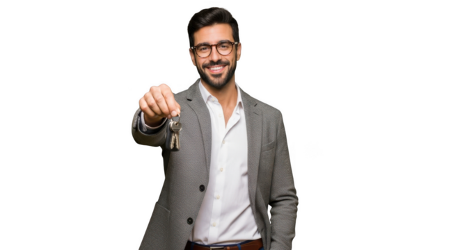 Smiling man in glasses offers a key to the viewer isolated on transparent background