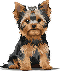 Yorkshire Terrier Puppy with Hair Tie, Cute Sitting Dog Illustration, Realistic Pet Clipart, Adorable Yorkie Art on White Background