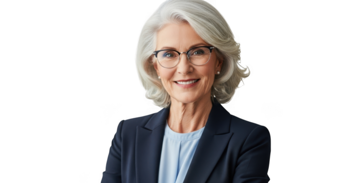 Smiling mature woman with glasses wearing a suit isolated on transparent background - Powered by Adobe