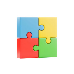 Obraz premium A vibrant 3d render of four puzzle pieces interlocked, isolated on transparent background, symbolizing unity, teamwork, problemsolving in business contexts