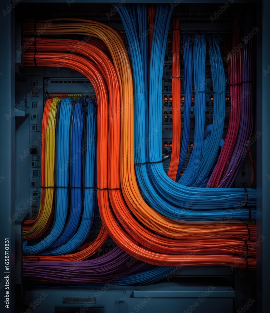 Poster network's arteries: a vibrant array of multicolored cables elegantly weaves through the inner workin