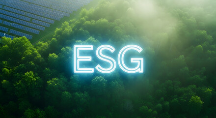 Fototapeta premium Glowing neon esg sign illuminates lush green forest canopy under sunlight