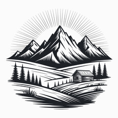 Rustic mountain landscape with a cabin and sunburst illustration