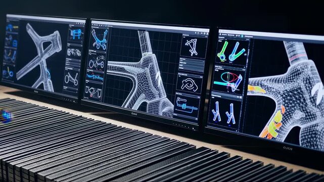 Rows of carbon fiber sheets stacked alongside digital monitors displaying bicycle frame design specifications.