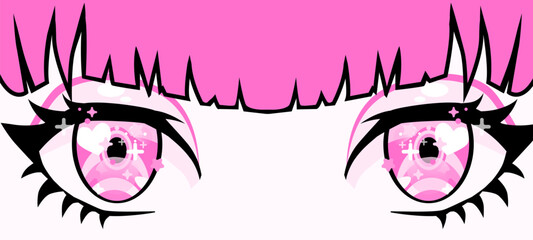 Vector pop art illustration with sharp, graphic lines shows intense pink eyes and hair. Style is bold cartoon comic, theme is edgy and modern. Colors: pink, black, white. Angular shapes dominate.