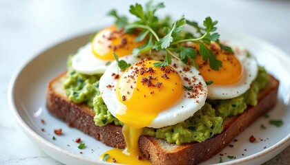 Avocado toast with fried eggs and parsley garnish. Creamy avocado mash on crunchy toast. Healthy breakfast or brunch option, delicious and simple food.