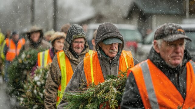 People in bright vests walk in the snow, carrying evergreen branches at a community event