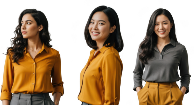 Three diverse women in professional attire looking in different directions isolated on transparent background