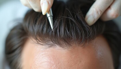 Fototapeta premium Dermatologist-trichologist performs hair loss procedure using advanced techniques for effective restoration. Consultation, diagnosis of scalp conditions. Therapy addresses genetic alopecia, shedding,