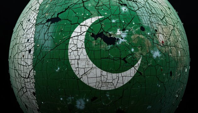 Cracked sphere with pakistan flag featuring a white crescent and star on a dark background - Powered by Adobe