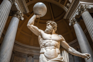 Marble statue of atlas holding the heavens in a grand architectural setting