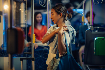 Young woman standing on a bus at night holding her sweater and bag