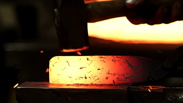 A blacksmith forges a piece of glowing hot metal with a hammer on an anvil.