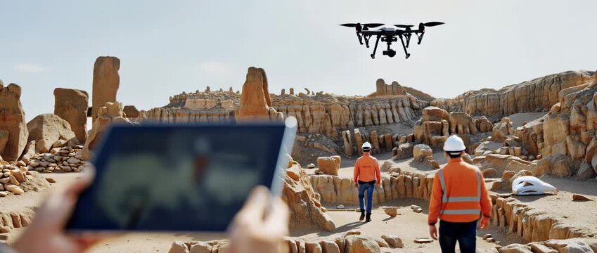 A drone surveys an archaeological site in the desert. Researchers use a tablet to view the live feed.