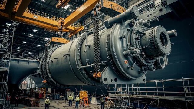 Overhead crane lifting a massive aircraft carrier catapult steam generator unit during installation at a naval maintenance dock.
